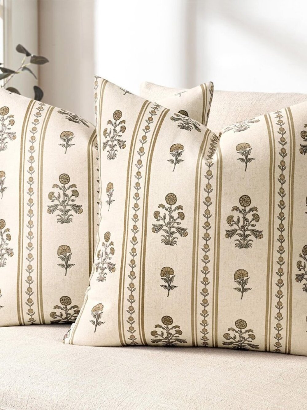 Striped Floral Throw Pillow Covers 18x18 Inch Set of 2 Walnut